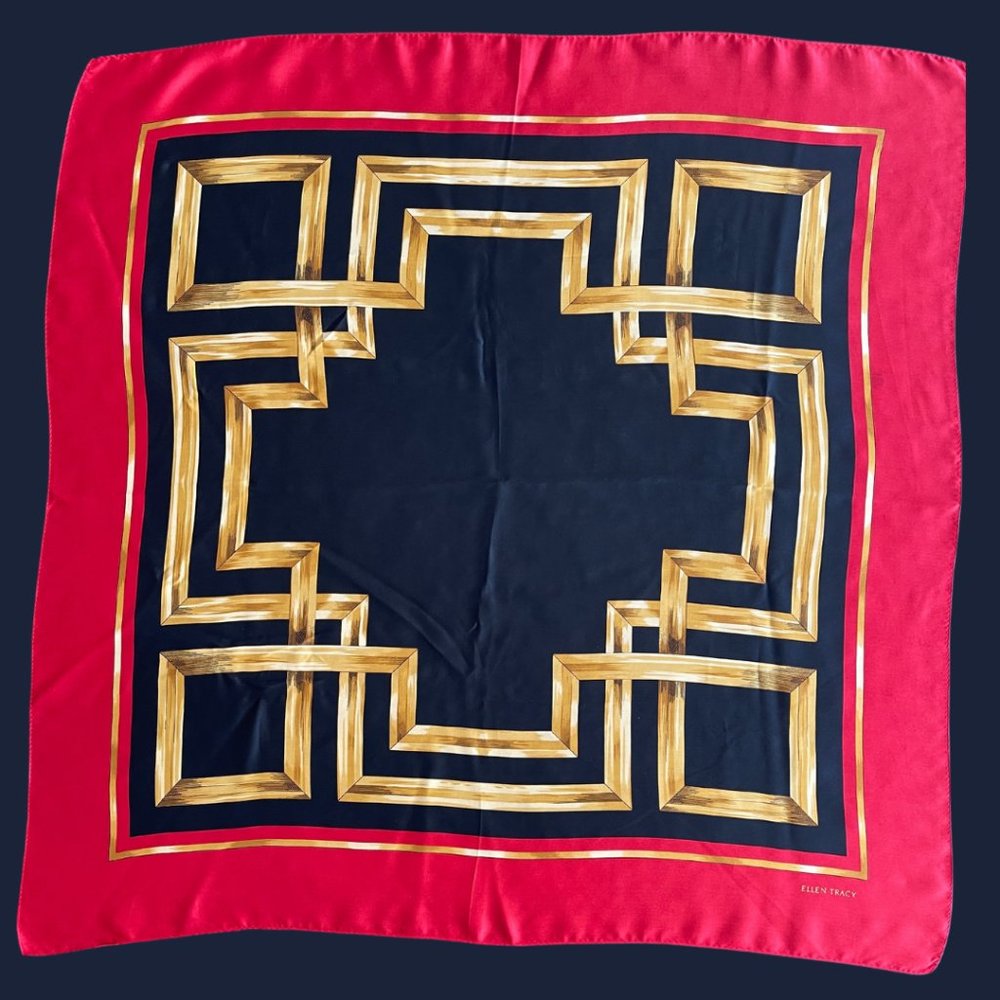 Vintage Ellen Tracy 100% Silk Scarf Black Red Gold 80s/90s LG sz Like New Cond